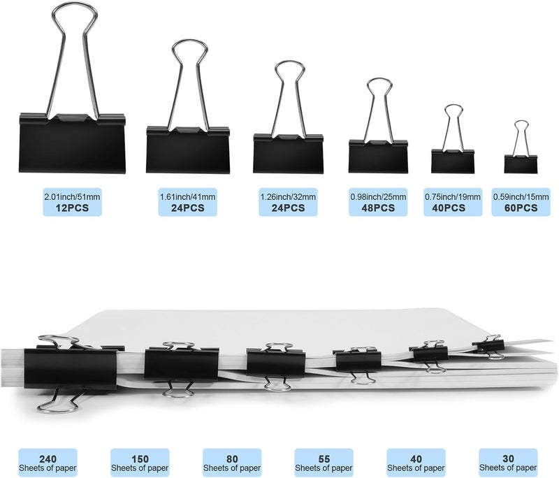 OPOFOX Binder Clips Assorted Sizes Including Extra Large Medium Small Mini and Micro, Office Supplies File Clamps Paper Clips, 6 Sizes in 6 Boxes, 208 PCS Metal Black Clamps for School - Image 2